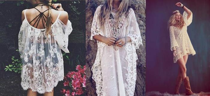 three white lace looks, off-the-shoulder floaty top, long maxi dress with wide sleeves, tiered mini dress with long bell sleeves