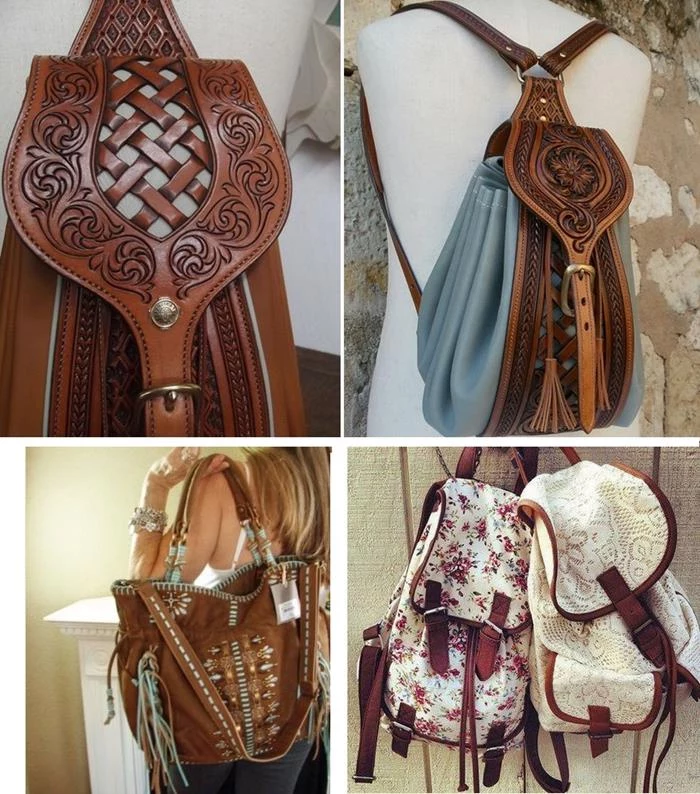 leather backpack in brown, with embroidery and engravings, suede brown embroidered shopper bag, bohemian fashion backpacks, with floral pattern and white lace