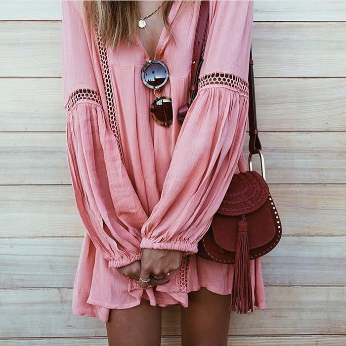 pastel pink tunic, with long sleeves, featuring mesh details, boho clothing, retro sunglasses, burgundy suede shoulder bag with tassels