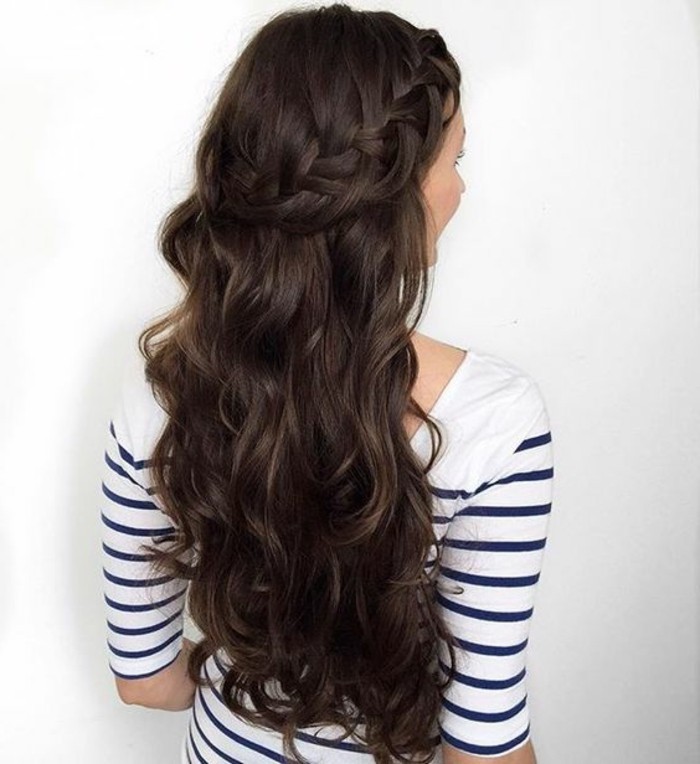 very long chocolate brown hair, curled and decorated with a side braid, brunette hair colors, on woman wearing a white jumper, with navy stripes