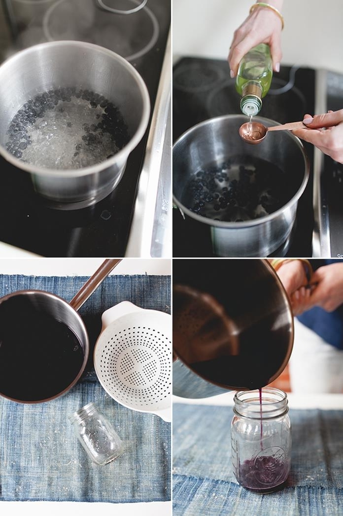 photos showing how to make natural egg dye at home, boiling blueberries and adding vinegar, draining the fruit and pouring the dye in a jar, easter egg coloring 