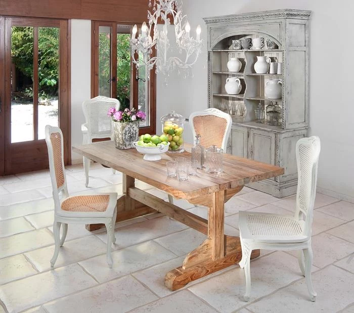 natural wooden table, with four mismatched chairs, in cream and white, grey shabby dresser, shabby chic furniture, ornate crystal chandelier