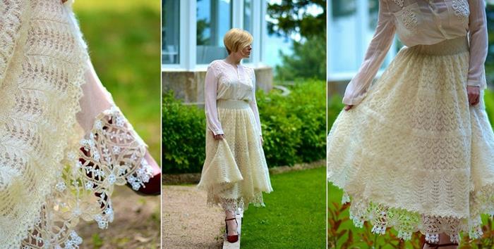 skirt made of cream-colored lace, worn with calf-length lacy underskirt, white embroidered shirt, and strappy burgundy heels, bohemian style clothing 