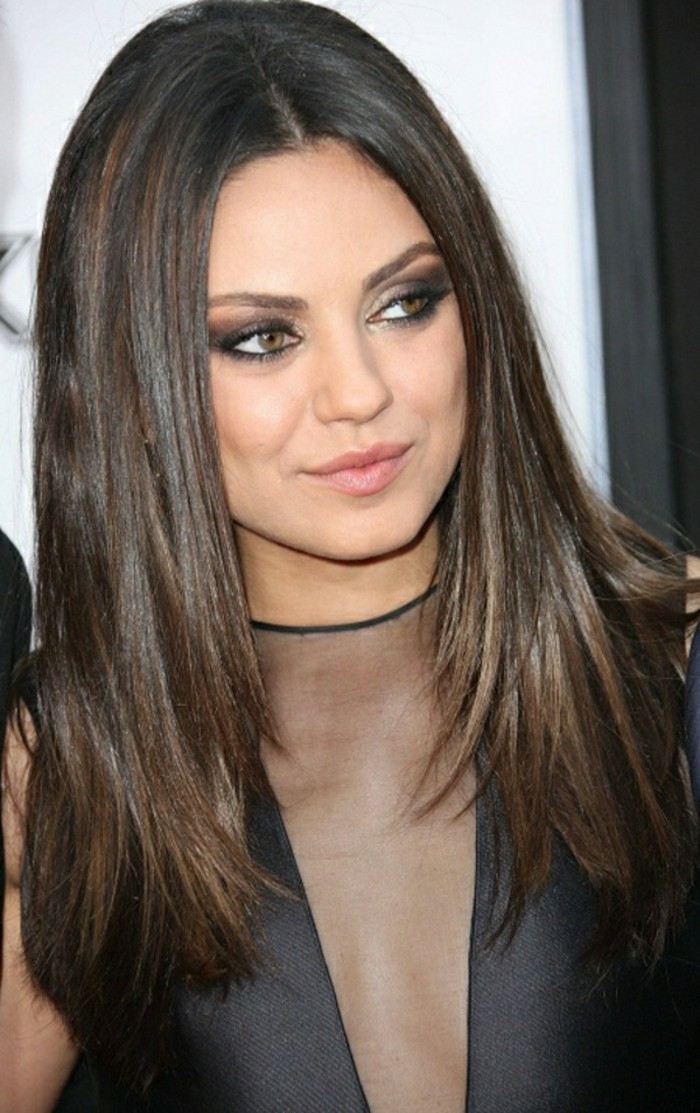 purple eye make up, and pale pink lipstick, worn by mila kunis, in a black top with mesh detail, layered and straight, medium length brown hair, discreet highlights