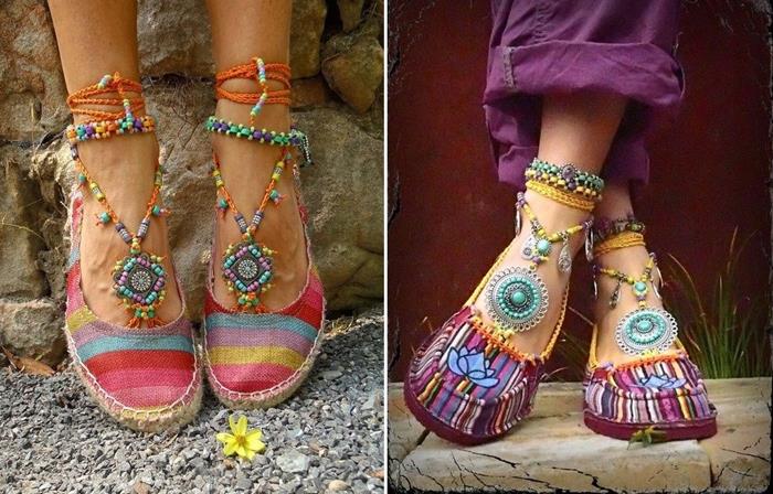 bohemian fashion espadrille shoes, one pair features pastel stripes, and straps with colorful beads, other pair has multicolored stripes, and a lotus aplique detail