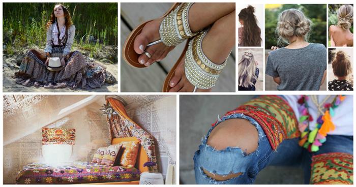 bohemian style clothing and aesthetic, in nine examples, tiered maxi skirt, beaded sandals and torn jeans, with colorful patches, bohemian hairstyles and room decor