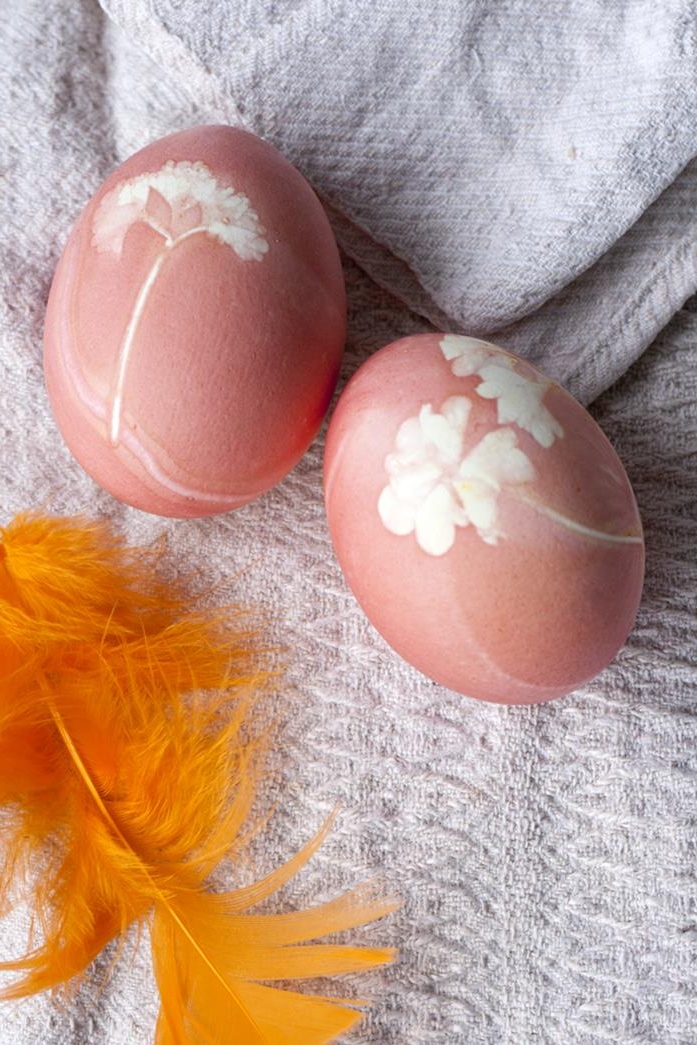 bright orange feather, near two eggs dyed in pale pastel orange, with white flower prints, easter egg coloring ideas to try at home