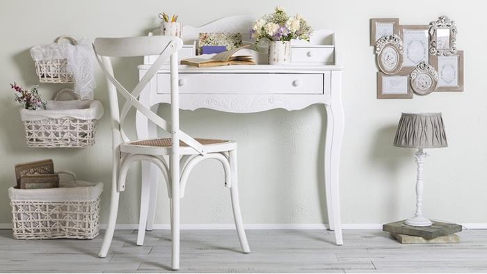 working desk in antique french style, with drawer and painted in white, matching white chair, country cottage furniture, storage baskets and decorative frames