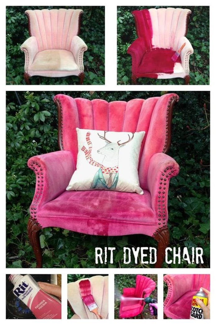 tutorial showing how to repaint old armchairs, in seven steps, pale pink worn armchair, transformed into fuchsia armchair, with reindeer print cushion 