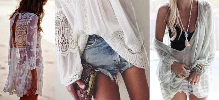 bohemian fashion, featuring an embroidered tunic, made of white lace, a wide white blouse with embroidery, an oversized slouchy top