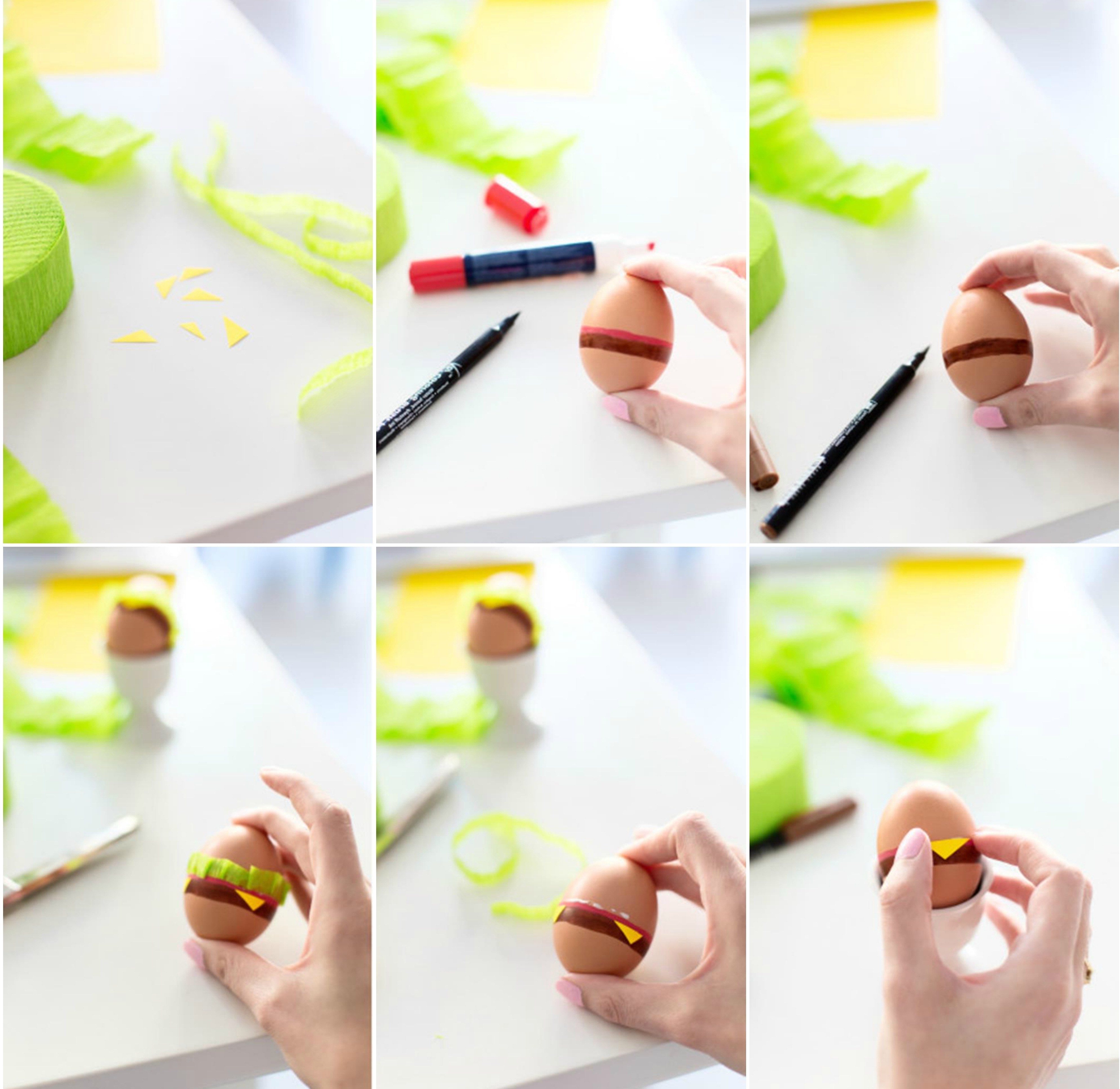 step by step photo tutorial for dying easter eggs, explaining how to paint an egg with markers, and decorate it with pieces of green and yellow paper, to make it look like a hamburger