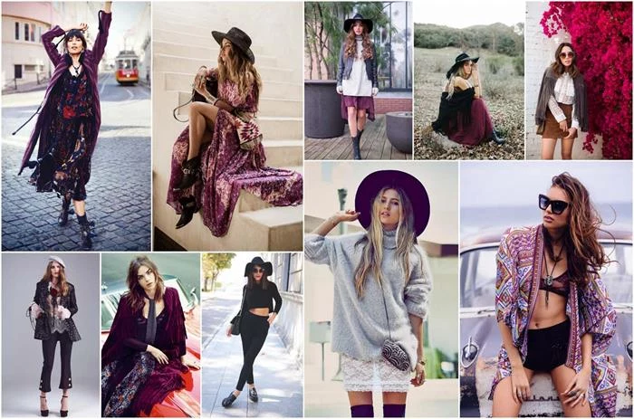 clothing suggestions for boho fans, patterned maxi skirts and dresses, wide-brimmed felt hats, long ornamental cardigans, suede and lace