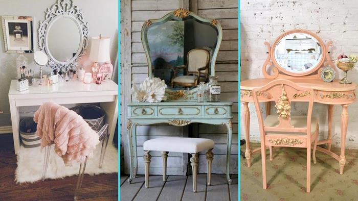 antique and vintage inspired vanities, in off-white, turquoise and peach, with various ornaments and decorations, vintage chic aesthetic