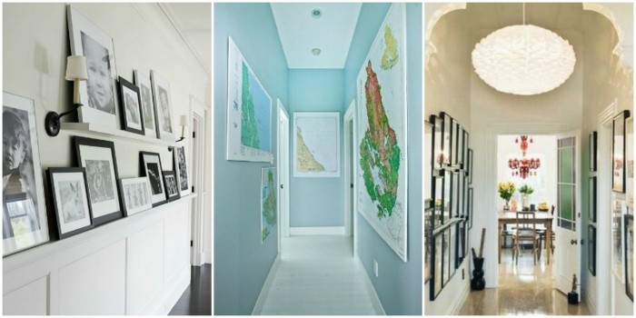 three hallway decor ideas, white theme with shelves containing framed black and white photographs, a pale blue theme with maps on its walls, a classic theme with framed photos and a statement lamp