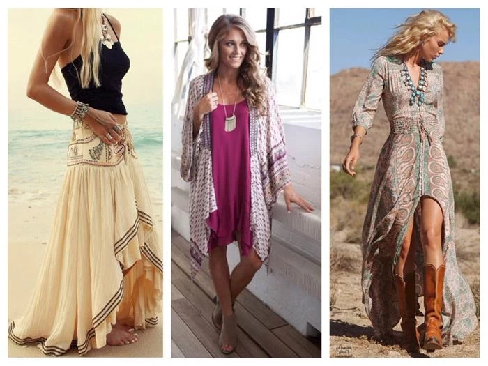 asymmetrical cream maxi dress, with folk embroidery, hot pink mini dress, with oriental patterned cardigan, maxi dress with pale print and cowboy boots