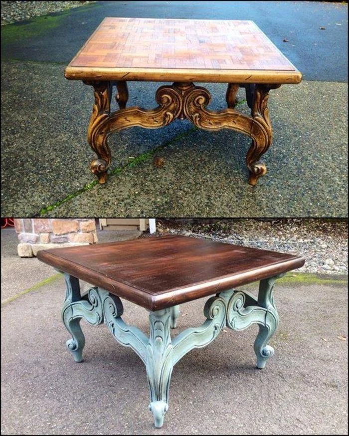 square antique shabby chic table, before and after it has been repainted, with dark brown and pale blue paint