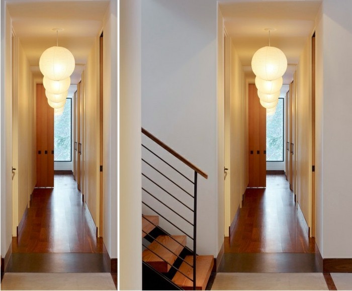 two images showing exact same corridor, wooden laminate floor, white walls and brown doors, several round lantern-like ceiling lamps,hallway decorating ideas