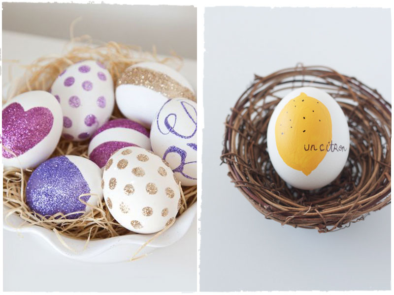 decorative white bowl, filled with artificial straw, containing seven white eggs, decorated with pink and purple, gold and violet glitter, how to dye easter eggs, next image shows a nest made of twigs, with a single white egg, decorated with a drawing of a lemon