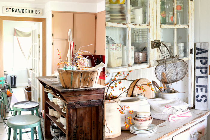 vintage kitchens in beige and off-white, shabby chic decorating, one has a cupboard made from a wooden crate, the other has old cupboard with peeling white paint