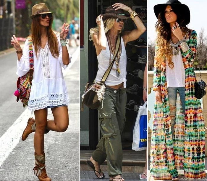 summery white mini dress, with boots and hat, khaki green cargo pants and white tank top, ripped jeans and plain top, with multicolored oversized cardigan