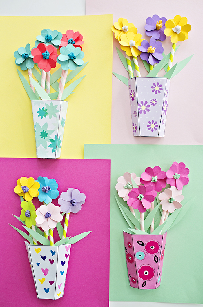 vases with flower bouquets, made from colored paper, with 3D effect, last minute mother's day gift ideas, turquoise and pink, yellow and purple, green and teal