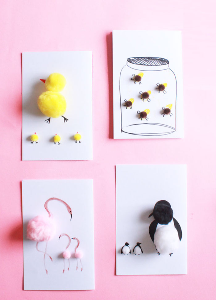 collage with white and black, yellow and pink cotton, forming animal children and parents, on four white cards, last minute mother's day gift ideas, chicks and penguins, bees and flamingos