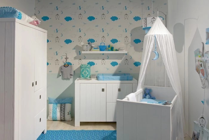 vivid blue and white room, baby boy nursery, white wooden crib, with matching wardrobe, and changing table, blue rug on light laminate floor
