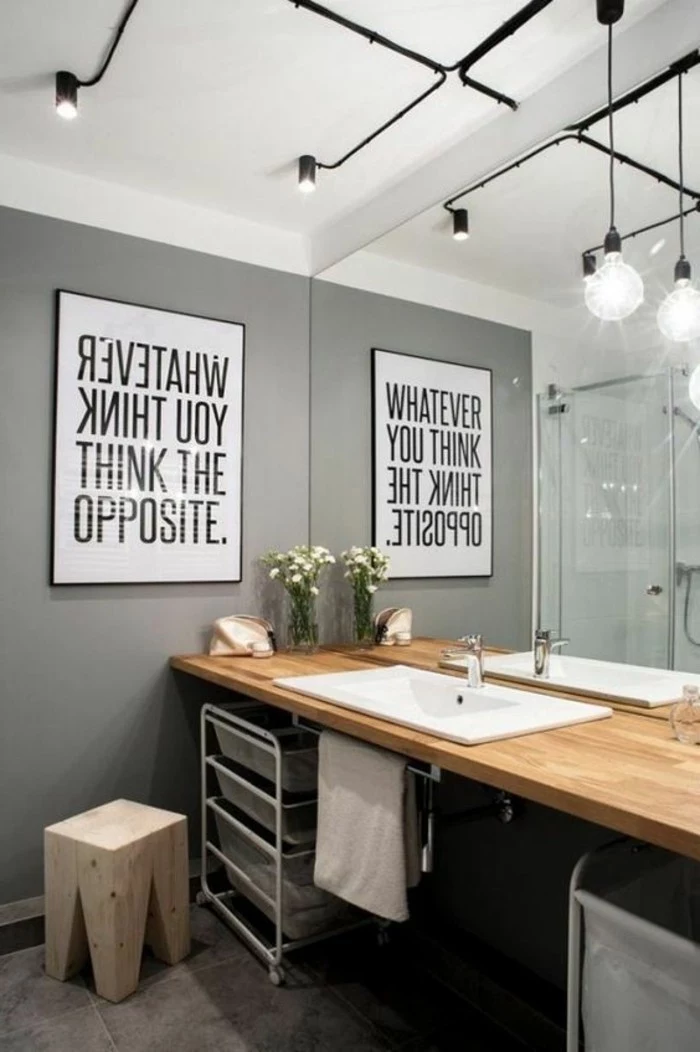colors that go with gray walls, modern bathroom with warm wooden details, white sink and black ceiling lights
