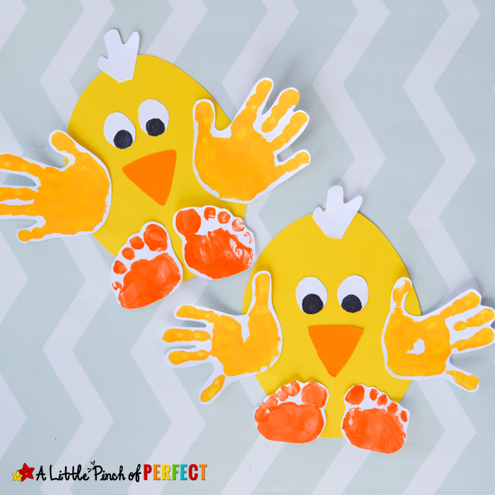 cheerful bright chick collages, made from egg-shaped pieces of yellow paper, easter crafts for preschoolers, decorated with children's hand and toe prints