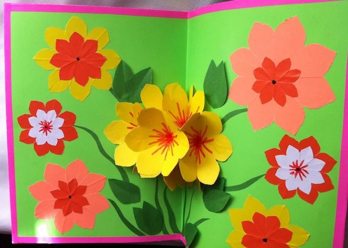 purple and green card, last minute mother's day gift ideas, with 3D effect, popping paper flowers, in yellow and orange, flat flowers in red, pink and white