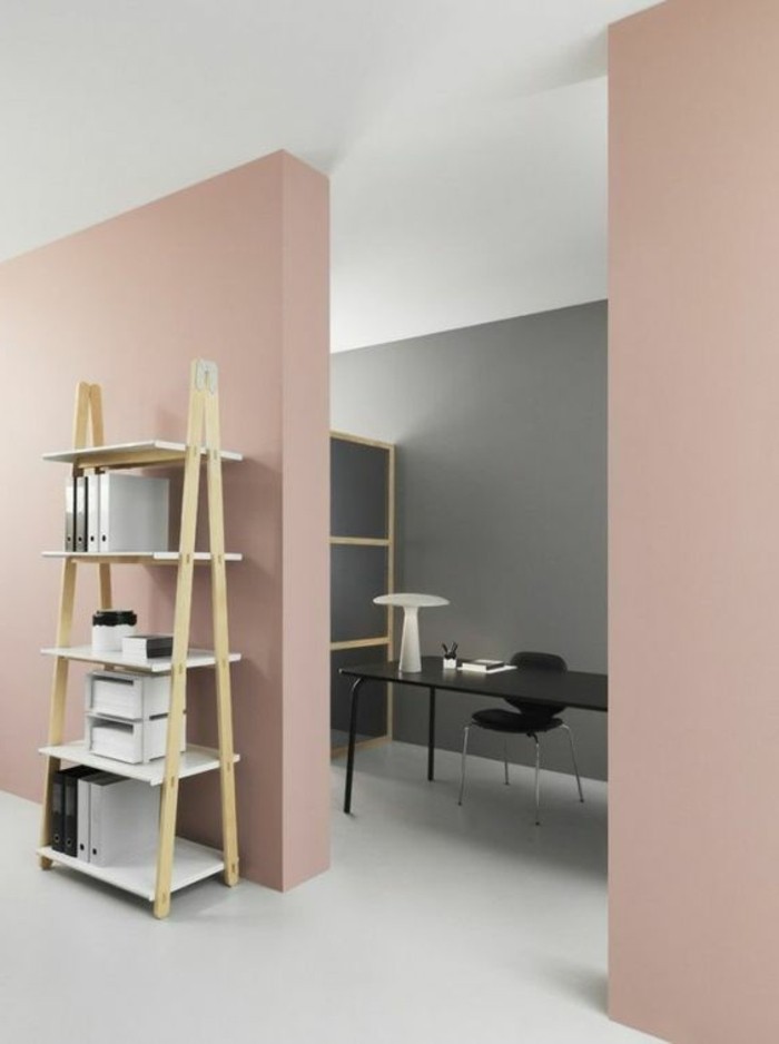 office or living room paint colors, pastel pink and gray walls, off-white floor and white ceiling, minimalist wooden furniture