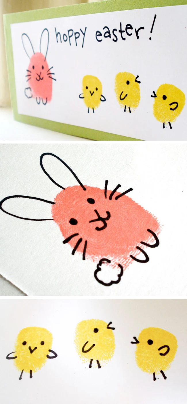 fingerprint art in yellow an orange, featuring ester bunny and three chicks, with drawn details, and the words hoppy easter, written in black