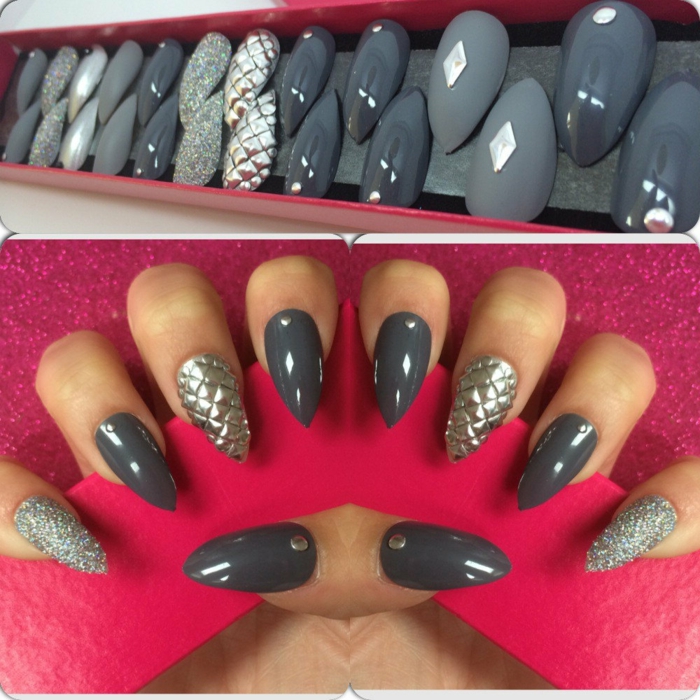 collection of fake nails, in different shades of grey, metallic and matte, covered in glitter and textured effects, second image shows, some of the nails on a woman's hand