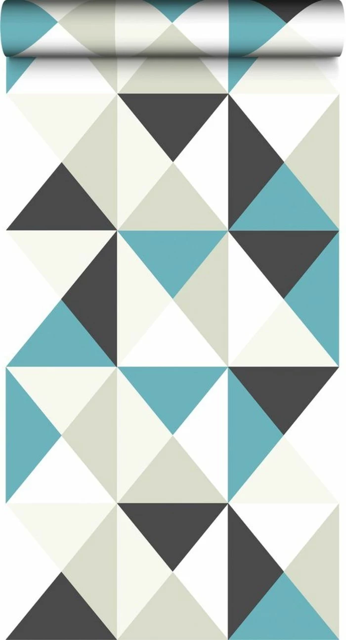 teal and light beige, white and dark gray kitchen wallpaper, rolled like a carpet, pattern featuring many triangles, grey lounge ideas