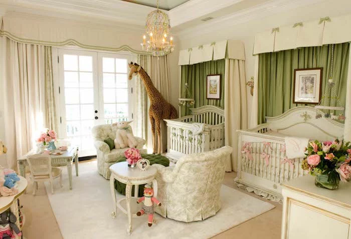 twin boy and girl, baby nursery ideas, white cribs decorated with pink and green ribbons, two white tables and armchairs, green curtains and large stuffed giraffe toy