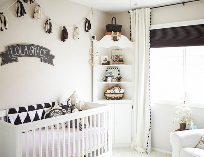 contrasting baby girl room décor, white and dark gray theme, white crib and cupboard, dark gray banner with baby's name