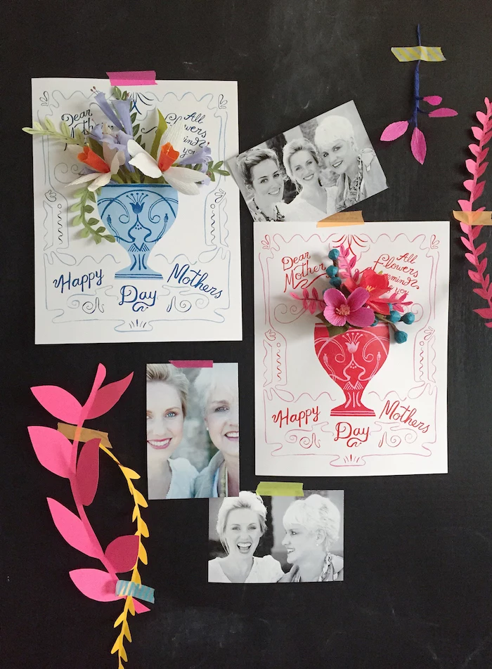 mothers day gifts, two handmade cards, decorated with paper art flowers, on black board, with three photos, showing mother and daughters, and paper decorations