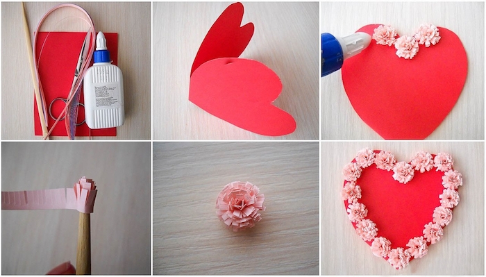 heart-shaped red card, decorated with pale pink paper flowers, last minute mother's day gift ideas, materials and step by step tutorial