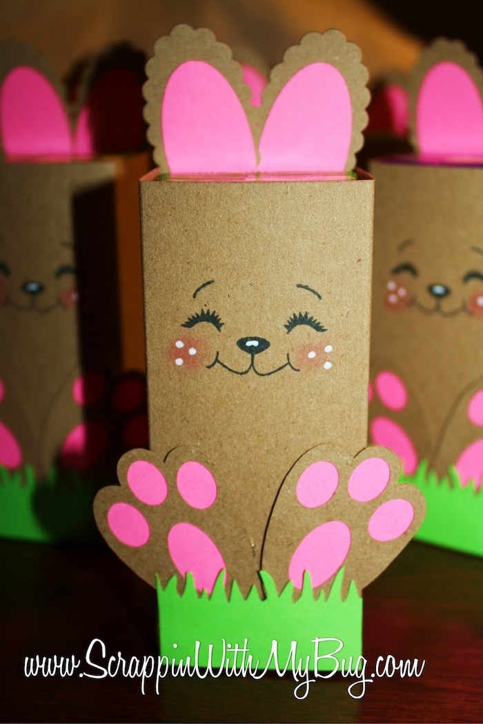 easter crafts for adults, juice boxers covered with brown card, bunny paws and ears, with pink paper details, adorable hand-drawn face