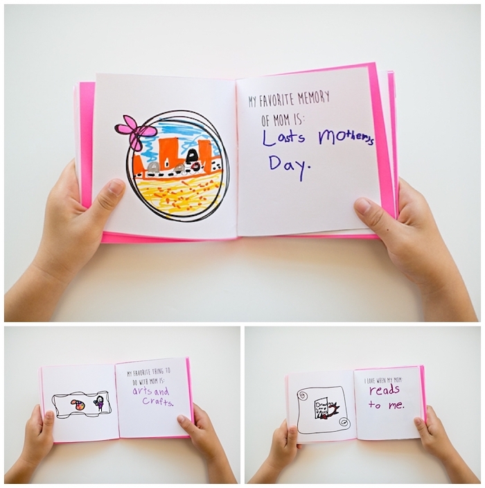 top 10 mother's day gift ideas, child's hands holding a booklet, in white and pink, opened to reveal drawings and text