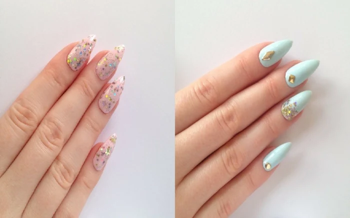 multicolored glitter and rhinestone stickers, on stiletto acrylic nails, painted in pale pink, and baby blue nail polish, 