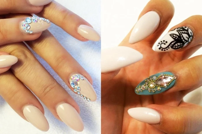 cream-colored oval nails, decorated with iridescent, silver rhinestone decals, next image shows white, and turquoise manicure, with black details, and sparkly gem stickers