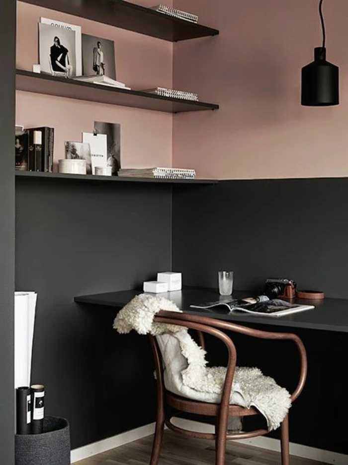 reading nook or office, with ash rose pink, and pewter gray walls , dark shelves and desk, living room paint colors, brown wooden vintage chair