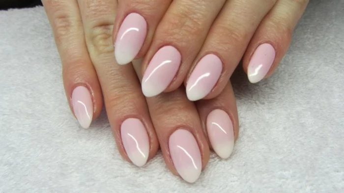 ombre effect pointy nails, with pale pastel pink, and white tips, romantic and cute idea