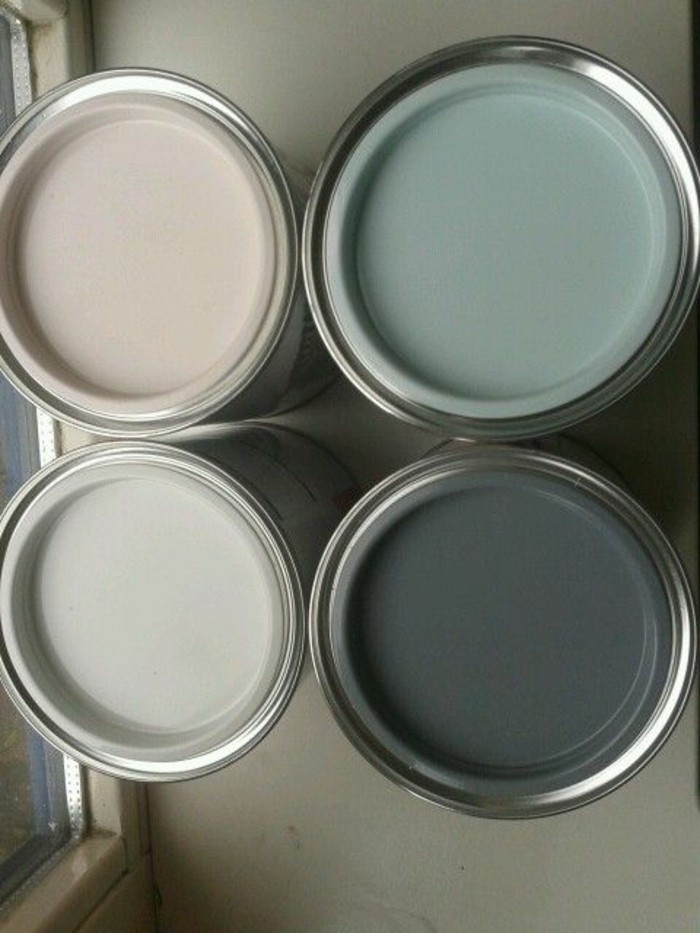 four pots containing beige, gray and duck's egg blue paint, ideas for painting a gray kitchen 