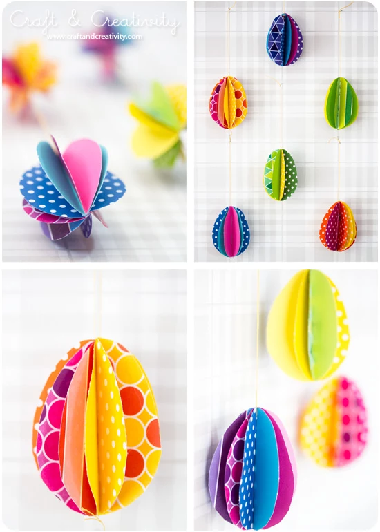 multicolored egg decorations, made from patterned paper, in different colors, folded and stuck together, easter crafts for adults, hanging from string