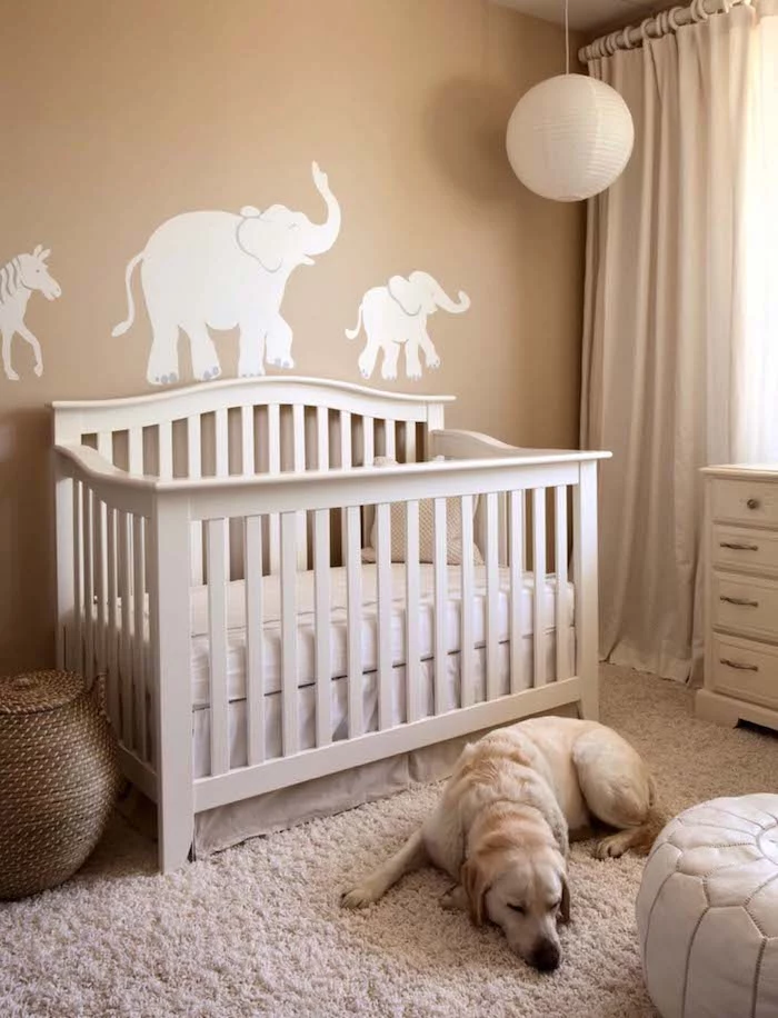 horse and two elephants, white mural on light brown wall, nursery ideas for girls and boys, cream colored wooden crib, fluffy off-white carpet, sleeping labrador retriever