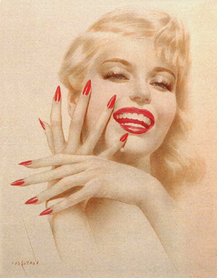 vintage drawing of a pin-up model, blonde wavy hair, bright red lipstick, and sharp pointy nails, in matching color