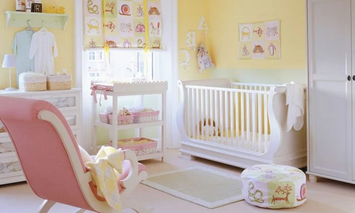 girl nursery themes, pastel pink and yellow baby's room, with white furniture, and pale pastel green details, rocking chair and clothes