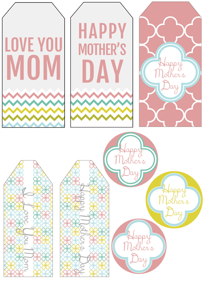 labels for mothers day, which you can print, in different colors and shapes, with floral and zigzag patterns,